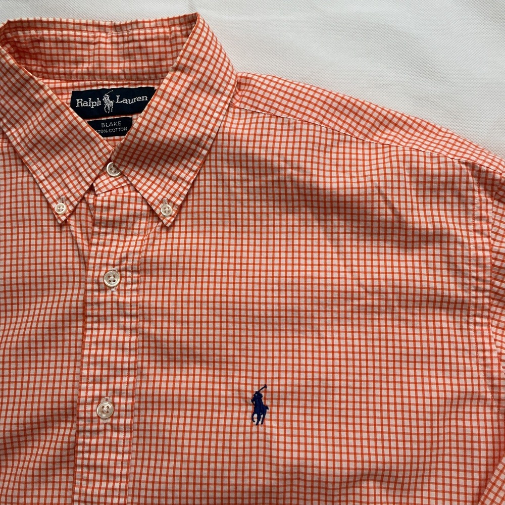 Vintage Ralph Lauren Shirt Mens L Orange White Check Blake Cotton Button Front